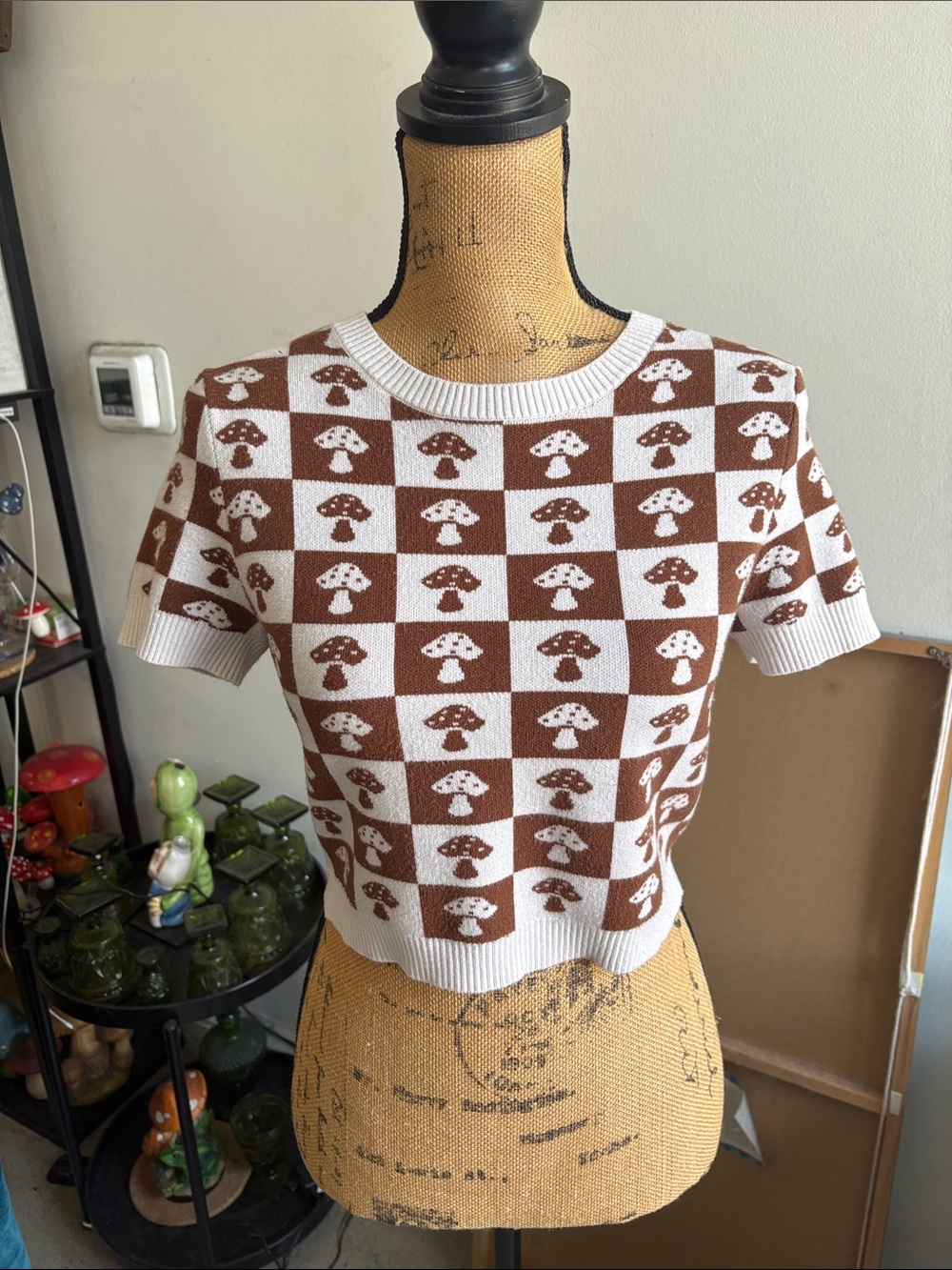 Retro Mushroom Checker Knit Top